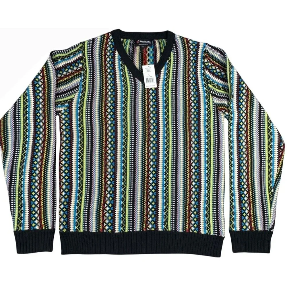 Skedouche The Kosby Mens L Colorful Preppy 90s V-Neck Striped Sweater Wool Blend - Picture 1 of 11